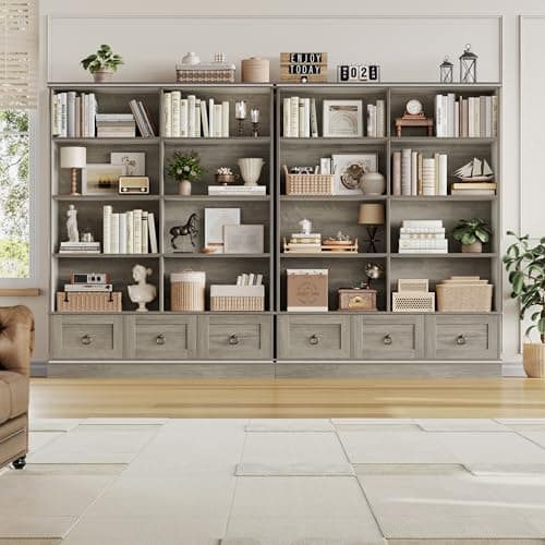 HOSTACK Farmhouse 47" Wide Bookcase with Drawers & 5 Tier Shelves, 63" Tall Storage UnitAsh Grey