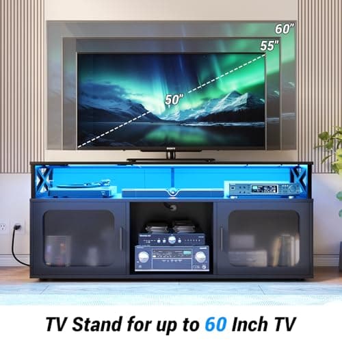 Modern TV Stand for 55-60 Inch TV with LED Light, Charging Station, and Soundbar Shelf