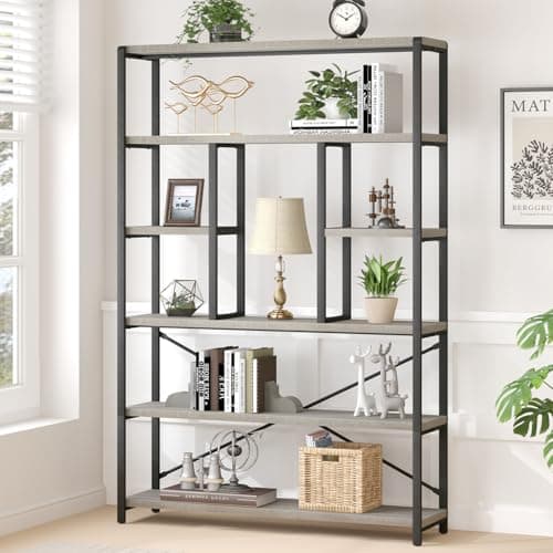 Vintage Brown Metal Wood 6 Tier Bookshelf for Living Room and Bedroom