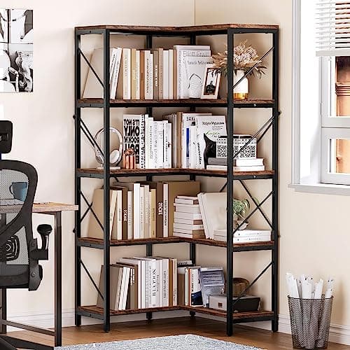 YITAHOME Industrial 5 Tier Corner Bookshelf, Large Rustic Brown Display Rack