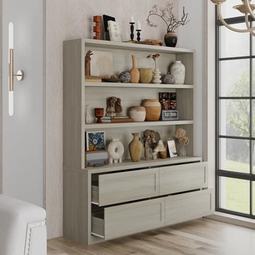 Homsee Grey 3-Tier Drawer Bookshelf, Wooden Display Cabinet, 11.8" D x 63" W