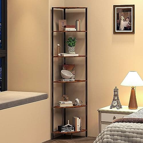 Industrial 6 Tier Corner Shelf: 63.1 Tall Rustic Bookcase for Living Room or Bedroom