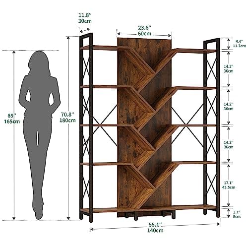 YITAHOME Rustic Brown 5-Tier Large Tree Bookshelf for Living Room and Office