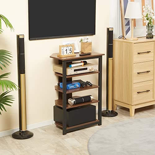 TV Stand with Storage Shelves and Steel Frame for Living Room, Brown Color
