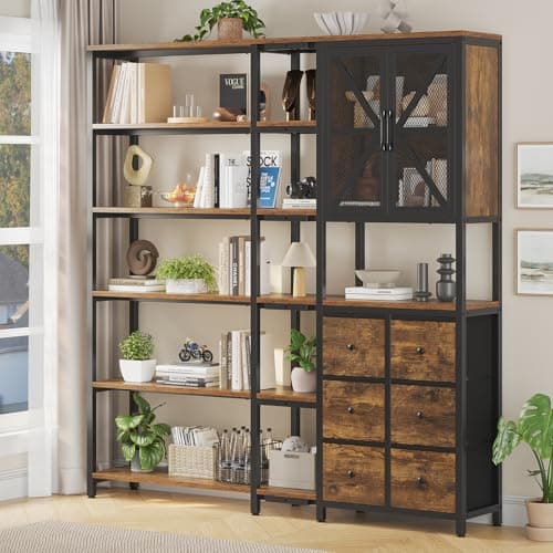 Industrial 6 Tier Bookshelf with Fabric Drawers - Large Corner L-Shaped Shelf - Rustic Brown