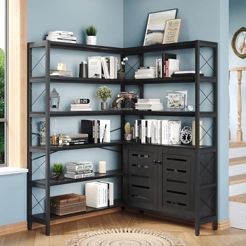Industrial Corner Bookcase with Metal Frame for Living Room Home Office