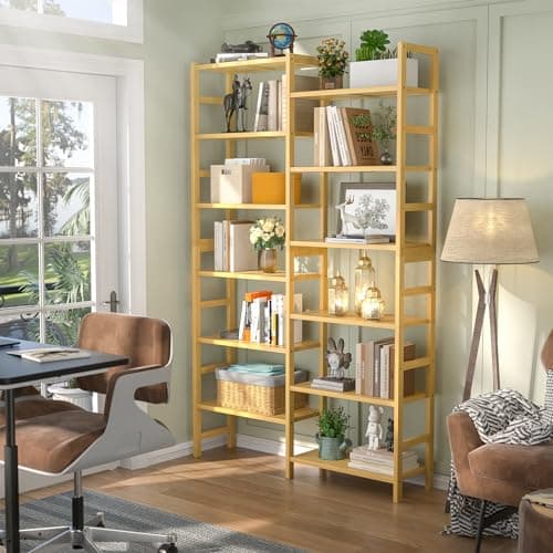 Homykic 6-Tier Double Wide Bamboo Bookshelf, 6ft Tall for Home Office, Bedroom, Living Room, and Plants