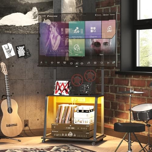 Corner TV Stand with Mount and Power Outlet, Rolling TV Stand for TVs up to 55 with LED Lights - Black for Living Room, Bedroom, Office