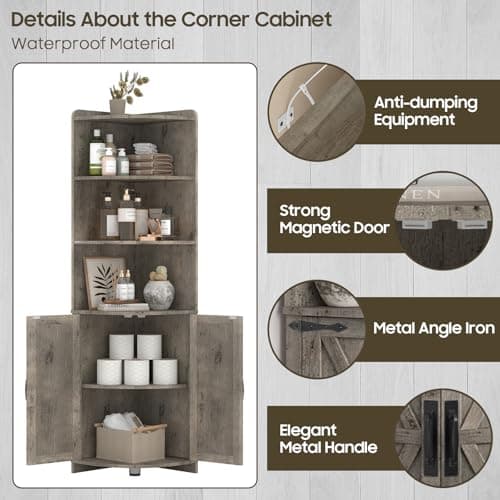 Vintage Grey Farmhouse Corner Cabinet with Barn Doors, 6 Shelves, 65.16" Tall