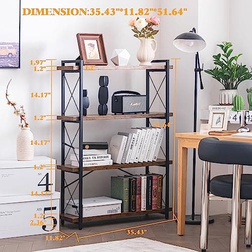 HCHQHS 4-Tier Industrial Rustic Bookshelf with Metal Frame