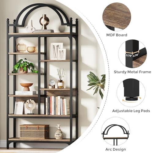 8-Tier Industrial Arched Bookshelf, 71 Inch Tall, Rustic Brown, Ideal for Living Room, Bedroom, and Home Office