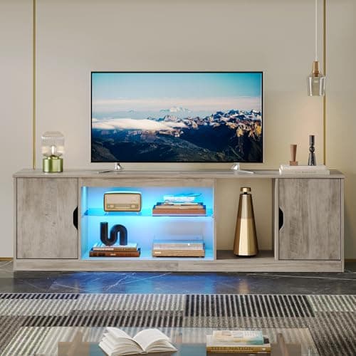 Bestier Washed Gray LED TV Stand & Entertainment Center 70 Inch, Adjustable Glass Shelves, Perfect for TVs up to 80 Inch
