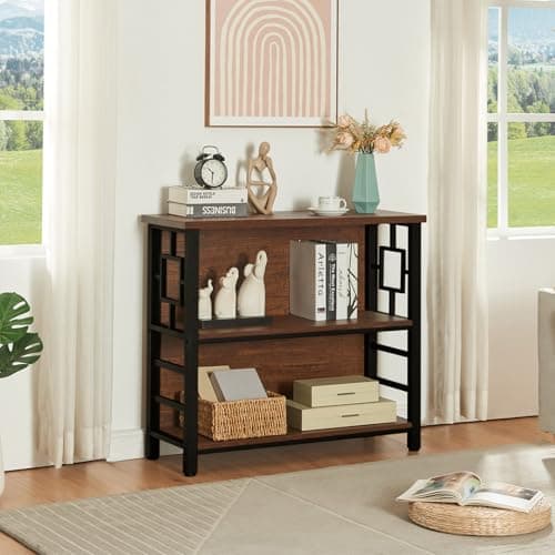 HOMISSUE 3 Tier Deep Bookshelf with Storage, Rustic Brown for Small Spaces