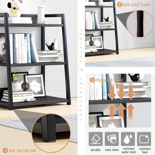 IOTXY Black Steel & Wood 3 Tier Floor-Standing Bookshelf, 50CM Width