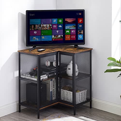 VECELO 3-Tier Corner Cabinet with Doors, Industrial TV Stand, Retro Brown