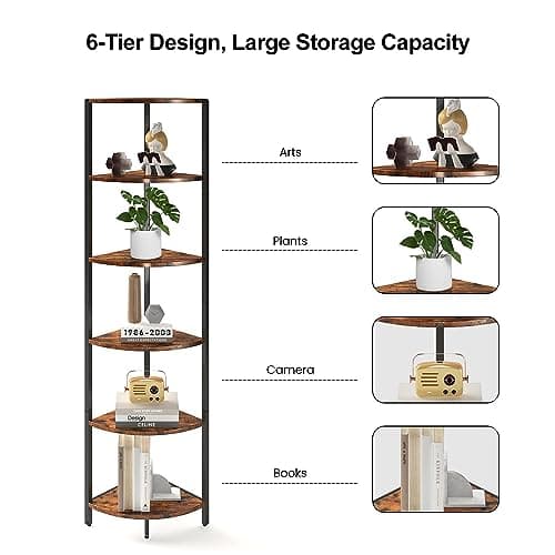 Industrial 6 Tier Corner Shelf: 63.1 Tall Rustic Bookcase for Living Room or Bedroom