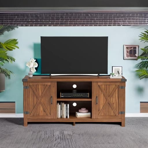 65 Inch Farmhouse TV Stand with Barn Doors and Storage Cabinets (Walnut)