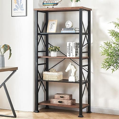 HOMBAZAAR 5 Tier Tall Rustic Bookshelf, Metal Frame, Brown, Living Room, Bedroom, Home Office