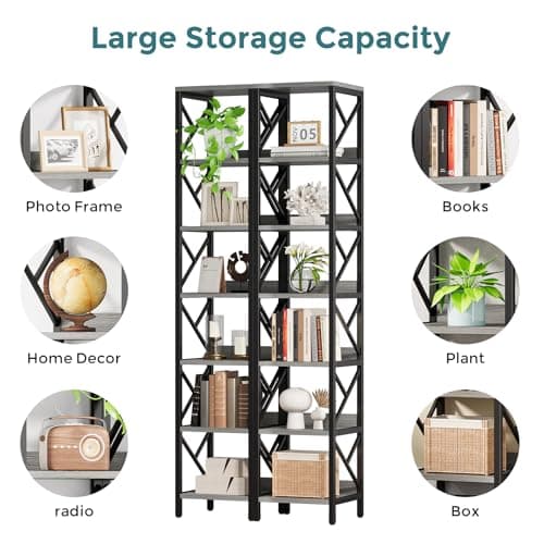 Extra Tall Narrow 78.7 Inch Bookshelf, 7 Tier Gray Brown Storage Organizer for Home Office