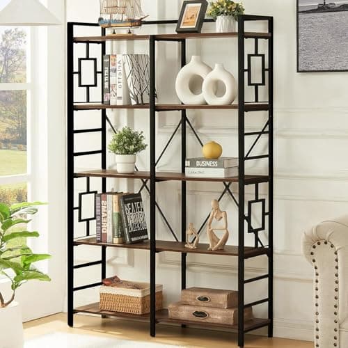 Industrial Double Wide 5-Tier Bookshelf for Home Decor - Rustic Brown
