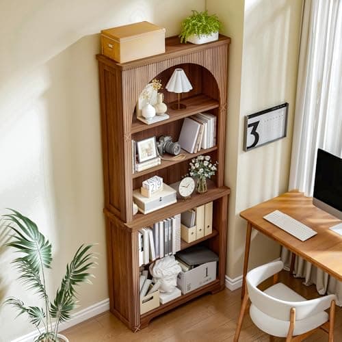 71" Tall Arched Bookshelf with Adjustable Shelves for Living Room and Home Office