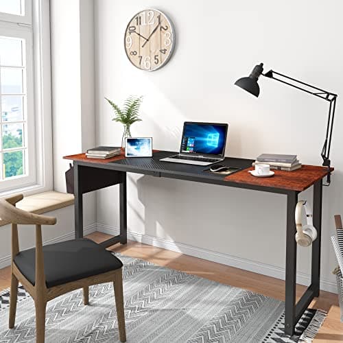 Decoholic 63-Inch Industrial Modern Home Office Desk with Storage Bag and Hook - Black and Sandalwood