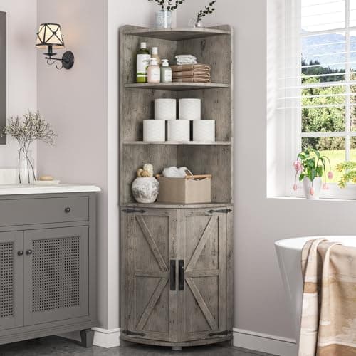 Vintage Grey Farmhouse Corner Cabinet with Barn Doors, 6 Shelves, 65.16" Tall