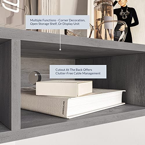 BELLEZE Gray Wash Russel 47 Inch Modern Corner Shelf - TV Console with 3 Shelves & Cable Cutout