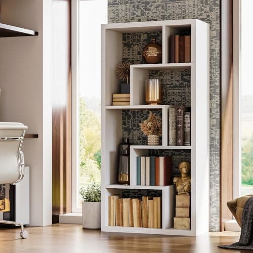 IRONCK White 6-Shelf Industrial Geometric Bookcase Tall Storage Display for Living Room Home Office