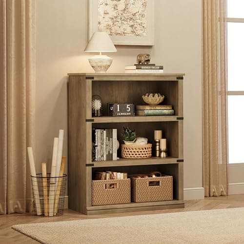IDEALHOUSE 3-Tier Grey Farmhouse Bookcase with Storage for Home Office
