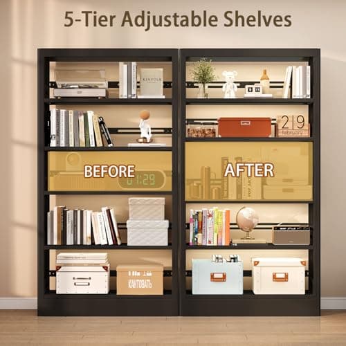 71" Black Metal 5-Tier Bookshelf with Adjustable Shelves, Heavy Duty Storage for Library, Office, Bedroom, Living Room,