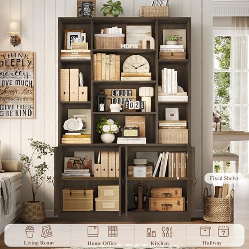 75" Tall BOOKSHELF with Storage, 47" Wide, 4 Doors, Dark Brown, Modern Farmhouse