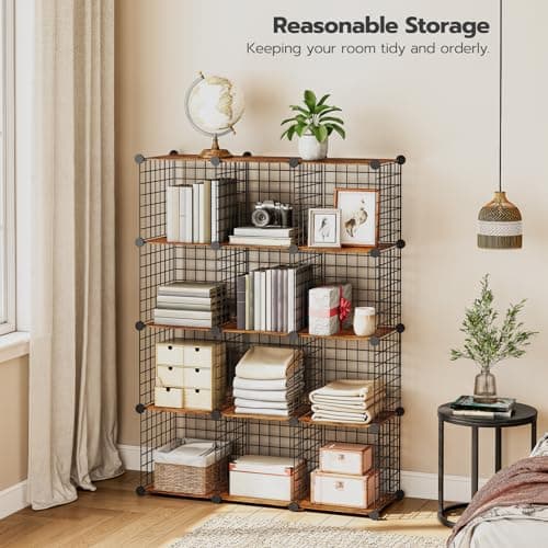 HOOBRO BF12CW01 12-Cube Metal Grid Storage Shelf, Rustic Brown and Black