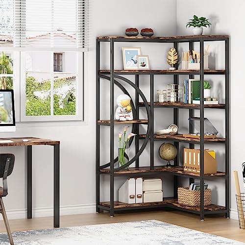 6-Tier Industrial Corner Bookshelf with Metal Frame, Rustic Brown