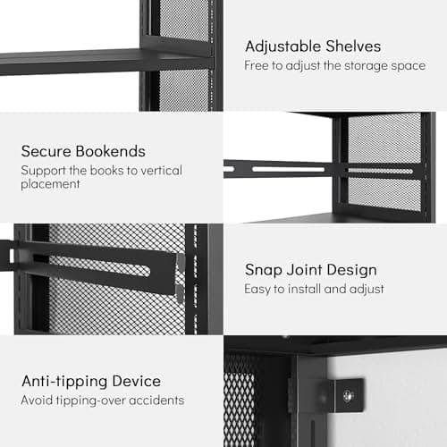 Heavy Duty Black Metal 3 Tier Rolling Bookshelf with Adjustable Feet - Assembly Required
