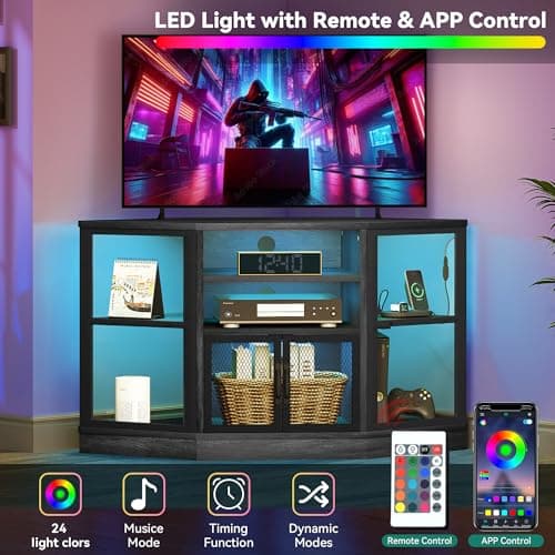 Modern Corner TV Stand with LED Light and Storage Cabinets, Dark Grey 47 Inch