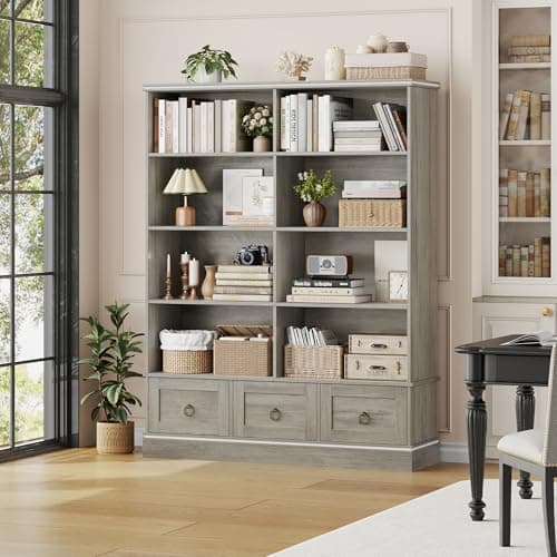 HOSTACK Farmhouse 47" Wide Bookcase with Drawers & 5 Tier Shelves, 63" Tall Storage UnitAsh Grey