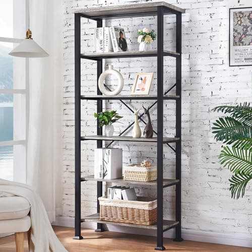 HOMBAZAAR Grey Industrial 6 Tier Bookshelf for Living Room, Office, Bedroom, Kitchen