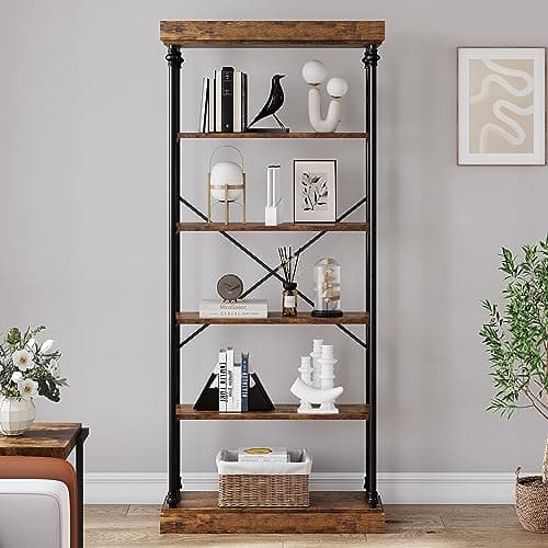 IDEALHOUSE Rustic Tall 6 Tier Wood Storage Bookshelf with Metal Frame