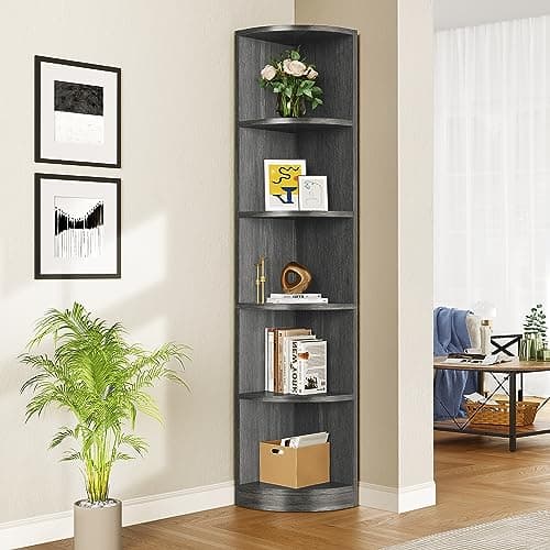 YITAHOME 70.8 5-Tier Corner Bookshelf - Modern Free Standing Wooden Storage Shelf for Bedroom, Living Room, Home Office (Charcoal Gray)