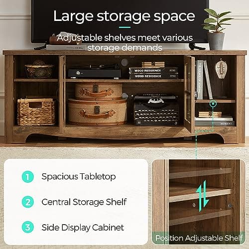 LINSY HOME Sturdy 65 Inch TV Stand with Glass Door Storage & Adjustable Shelves
