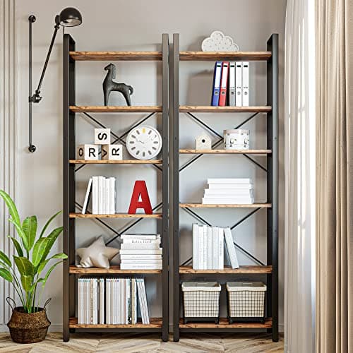 IRONCK 6-Tier Vintage Industrial Bookshelf for Home Office & Living Room