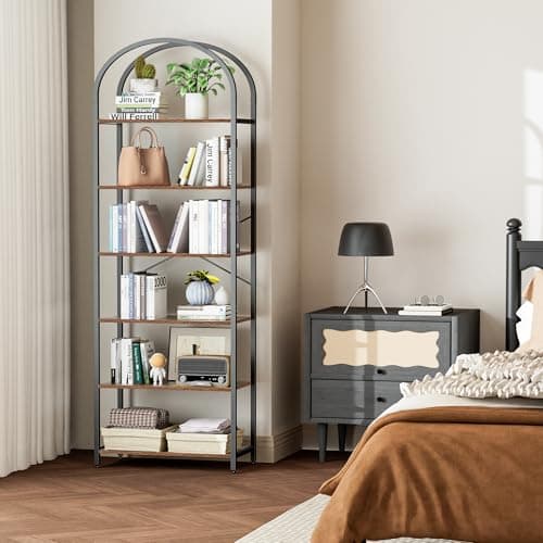 Homhedy 6-Tier Arched Wood & Metal Bookshelf, Tall Standing Display Unit, Rustic Brown