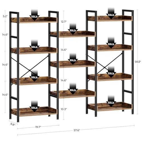 Rolanstar Industrial Wide Bookshelf with Metal Frame, Rustic Brown, 4 Tiers + 4 Hooks