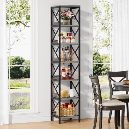 Extra Tall Narrow 78.7 Inch Bookshelf, 7 Tier Gray Brown Storage Organizer for Home Office