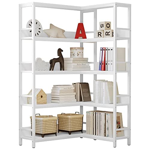 IRONCK 5-Tier Corner Bookcases with Baffles for Living Room and Home Office Storage