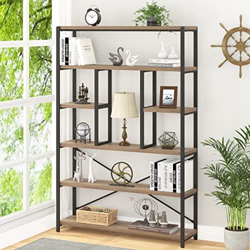 Vintage Brown Metal Wood 6 Tier Bookshelf for Living Room and Bedroom