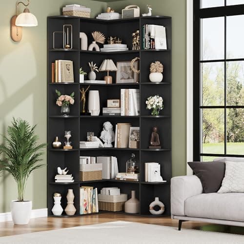 Fotosok 74" L-Shaped Tall Corner Bookshelf, 6-Tier Black Wood Storage