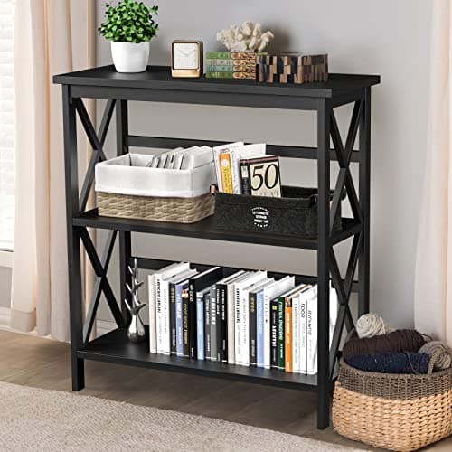 Tangkula Black X-Design 3-Tier Bookshelf for Living Room and Office
