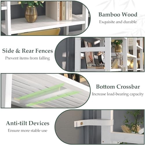 Homykic 6-Tier Bamboo 6ft Tall Bookshelf, White, Home Office, Bedroom, Living Room